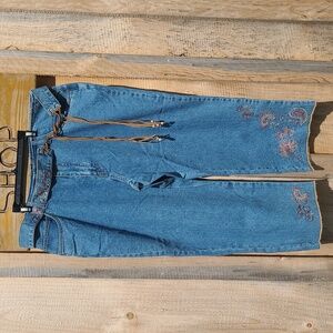 Vintage French Cuff Embroidered Paisley Cropped Capri Jeans 100% Cotton